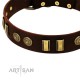 Decorated brown Leather Dog Collar - "Embossed Elegance" Brass Decor by Artisan