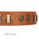 Decorated Tan Leather Dog Collar - "Embossed Elegance" Brass Decor by Artisan