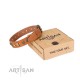 Decorated Tan Leather Dog Collar - "Embossed Elegance" Brass Decor by Artisan