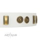 Decorated White Leather Dog Collar - "Embossed Elegance" Brass Decor by Artisan
