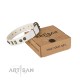 Decorated White Leather Dog Collar - "Embossed Elegance" Brass Decor by Artisan