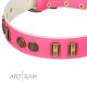 Decorated Pink Leather Dog Collar - "Embossed Elegance" Brass Decor by Artisan