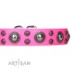 Pink Leather Dog Collar with Chrome-plated Decor - Round & Spicy Handcrafted by Artisan""