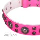 Pink Leather Dog Collar with Chrome-plated Decor - Round & Spicy Handcrafted by Artisan""