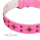 Pink Leather Dog Collar with Brass Decor - Trendy Stars Handcrafted by Artisan""