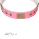 Pink Leather Dog Collar with Plates - Strict & Confident" Handcrafted by Artisan"
