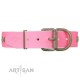 Pink Leather Dog Collar with Plates - Strict & Confident" Handcrafted by Artisan"