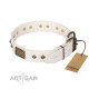 White Leather Dog Collar with Plates - Vintage Style" Handcrafted by Artisan"