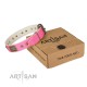 Pink Leather Dog Collar with Plates - Vintage Style" Handcrafted by Artisan"