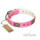 Pink Leather Dog Collar with Plates - Vintage Style" Handcrafted by Artisan"