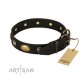 Black Leather Dog Collar with Brass Plated Decor - "Retro Temptation" Handcrafted by Artisan