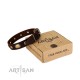 Brown Leather Dog Collar with Brass Plated Decor - "Retro Temptation" Handcrafted by Artisan