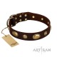 Brown Leather Dog Collar with Brass Plated Decor - "Retro Temptation" Handcrafted by Artisan