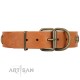 Tan Leather Dog Collar with Brass Plated Decor - "Retro Temptation" Handcrafted by Artisan