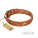 Tan Leather Dog Collar with Brass Plated Decor - "Retro Temptation" Handcrafted by Artisan
