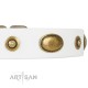 White Leather Dog Collar with Brass Plated Decor - "Retro Temptation" Handcrafted by Artisan