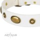 White Leather Dog Collar with Brass Plated Decor - "Retro Temptation" Handcrafted by Artisan