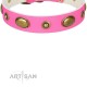 Pink Leather Dog Collar with Brass Plated Decor - "Retro Temptation" Handcrafted by Artisan