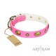 Pink Leather Dog Collar with Brass Plated Decor - "Retro Temptation" Handcrafted by Artisan