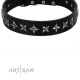 Fabulous Black Leather Dog Collar  - "Starry Beauty" Chrome Plated Decor by Artisan
