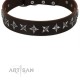 Fabulous Brown Leather Dog Collar  - "Starry Beauty" Chrome Plated Decor by Artisan