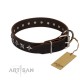 Fabulous Brown Leather Dog Collar  - "Starry Beauty" Chrome Plated Decor by Artisan