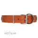Fabulous Tan Leather Dog Collar  - "Starry Beauty" Chrome Plated Decor by Artisan