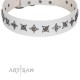 Fabulous White Leather Dog Collar  - "Starry Beauty" Chrome Plated Decor by Artisan