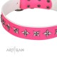 Fabulous Pink Leather Dog Collar  - "Starry Beauty" Chrome Plated Decor by Artisan