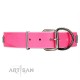 Fabulous Pink Leather Dog Collar  - "Starry Beauty" Chrome Plated Decor by Artisan
