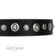 Handmade Black Leather Dog Collar - "Gorgeous Roundie" Decor by Artisan (C326)