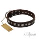 Handmade Brown Leather Dog Collar - "Gorgeous Roundie" Decor by Artisan (C326)