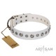 Handmade White Leather Dog Collar - "Gorgeous Roundie" Decor by Artisan (C326)