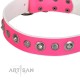 Handmade Pink Leather Dog Collar - "Gorgeous Roundie" Decor by Artisan (C326)