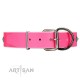 Handmade Pink Leather Dog Collar - "Gorgeous Roundie" Decor by Artisan (C326)