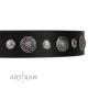 Decorated Black Leather Dog Collar - "Vintage Elegance" Chrome Plated Decor by Artisan