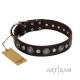 Decorated Brown Leather Dog Collar - "Vintage Elegance" Chrome Plated Decor by Artisan