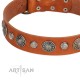 Decorated Tan Leather Dog Collar - "Vintage Elegance" Chrome Plated Decor by Artisan