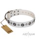 Decorated White Leather Dog Collar - "Vintage Elegance" Chrome Plated Decor by Artisan