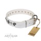Decorated White Leather Dog Collar - "Vintage Elegance" Chrome Plated Decor by Artisan