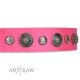 Decorated Pink Leather Dog Collar - "Vintage Elegance" Chrome Plated Decor by Artisan