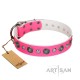 Decorated Pink Leather Dog Collar - "Vintage Elegance" Chrome Plated Decor by Artisan