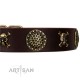 Decorated Brown Leather Dog Collar - "Hip&Edgy" Brass Decor by Artisan