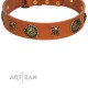 Decorated Tan Leather Dog Collar - "Hip&Edgy" Brass Decor by Artisan