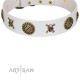Decorated  White Leather Dog Collar - "Hip&Edgy" Brass Decor by Artisan