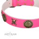 Decorated  Pink Leather Dog Collar - "Hip&Edgy" Brass Decor by Artisan