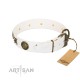 Decorated  White Leather Dog Collar - "Hip&Edgy" Brass Decor by Artisan