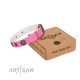 Decorated  Pink Leather Dog Collar - "Hip&Edgy" Brass Decor by Artisan
