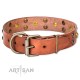 Studded  Leather Dog Collar - "Face the Skull" Brass Decor by Artisan