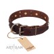 Studded  Leather Dog Collar - "Face the Skull" Brass Decor by Artisan